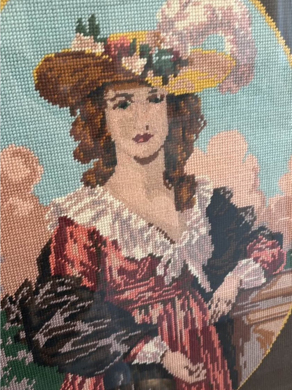Large Framed Needlepoint Portrait of Woman in Hat - Rose, Black, Blue